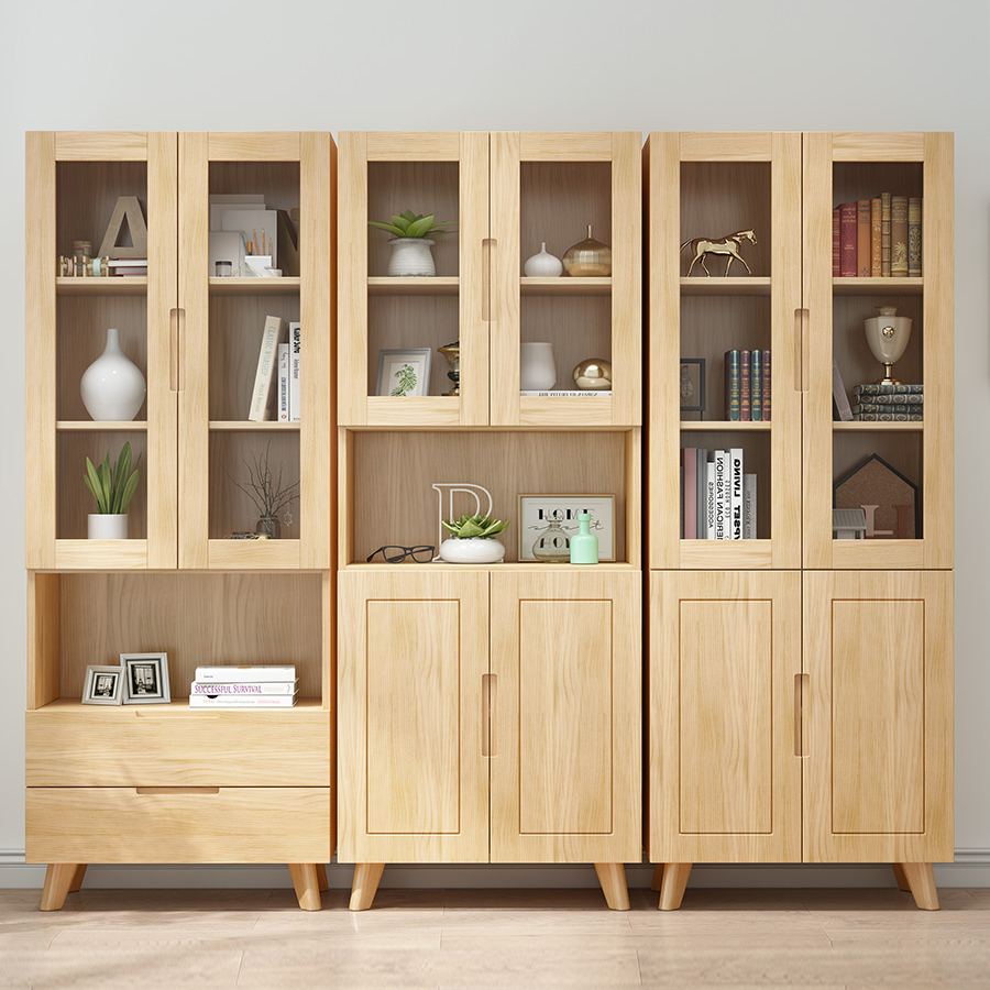 YMSC Nordic Display Cabinet Corner Bookcase Modern Solid Wood Bookshelf for Living Room