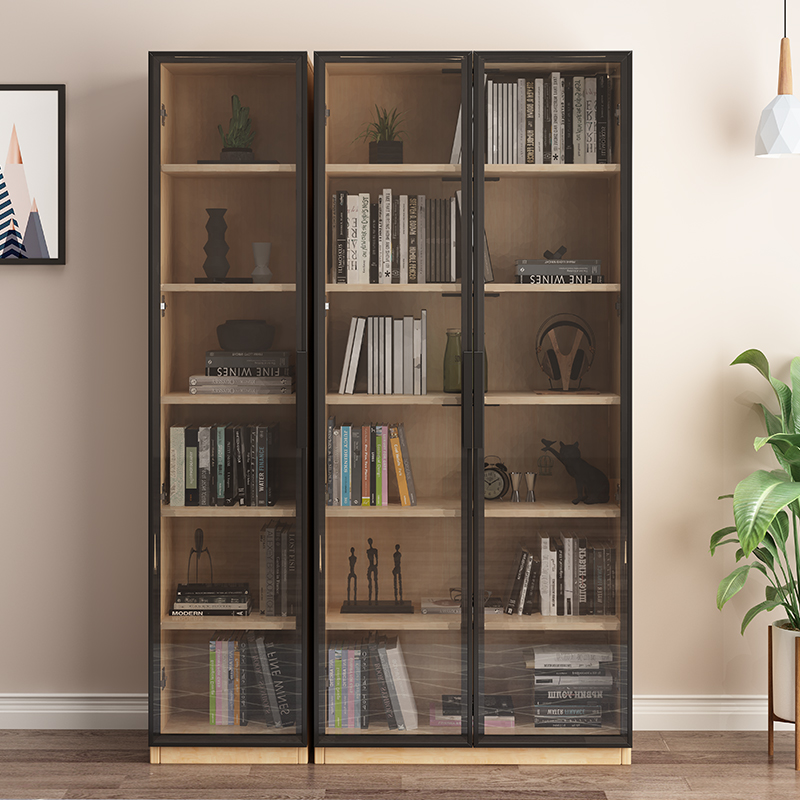 YMSC Modern Living Room Office Room Wood Book Cabinet Bookcase Glass Doors Book Shelf