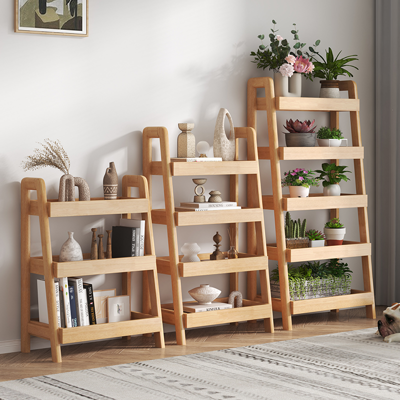 YMSC Wooden Ladder Shelf Floor Storage Bookshelf Living Room Furniture Open Shelf